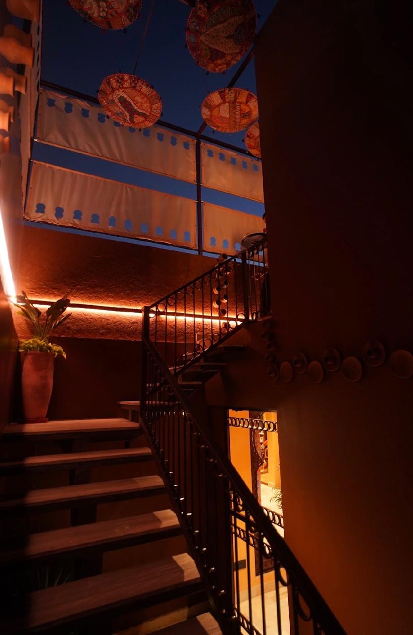 Colorful umbrellas on staircase