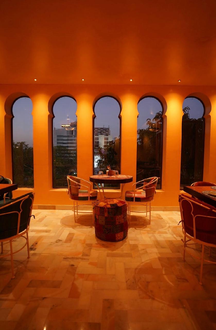 Arches framing city view